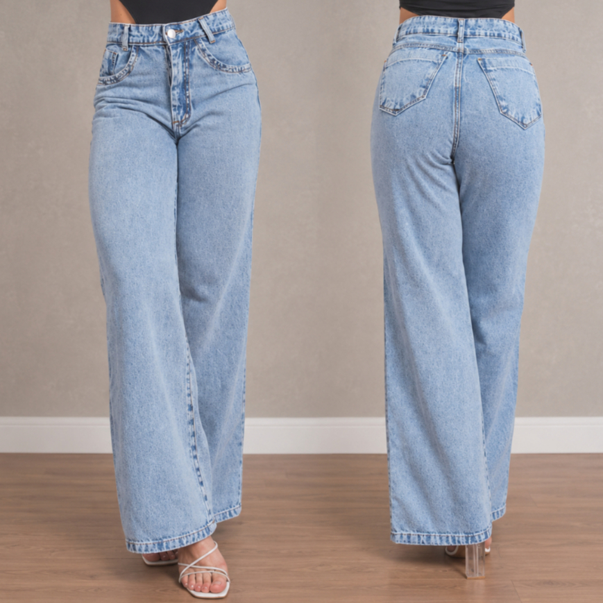 Calça Jeans Feminina Wide Leg Pantalona Cintura Alta Marmorizada Sem Lycra Boca Larga Premium