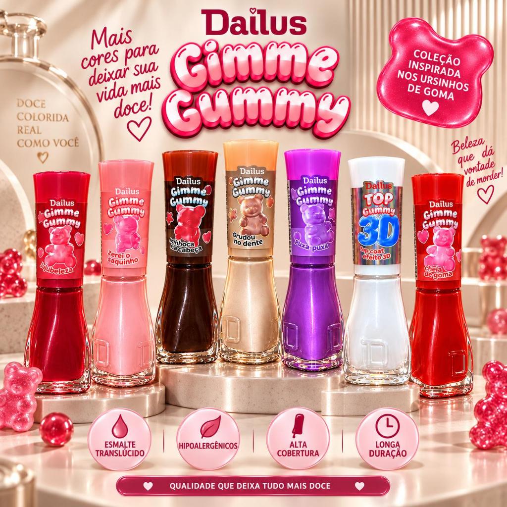 Esmalte Dailus Gimme Gummy Nova Coleção Kit 7 Cores Com Top Coat Efeito 3D Hipoalergênico