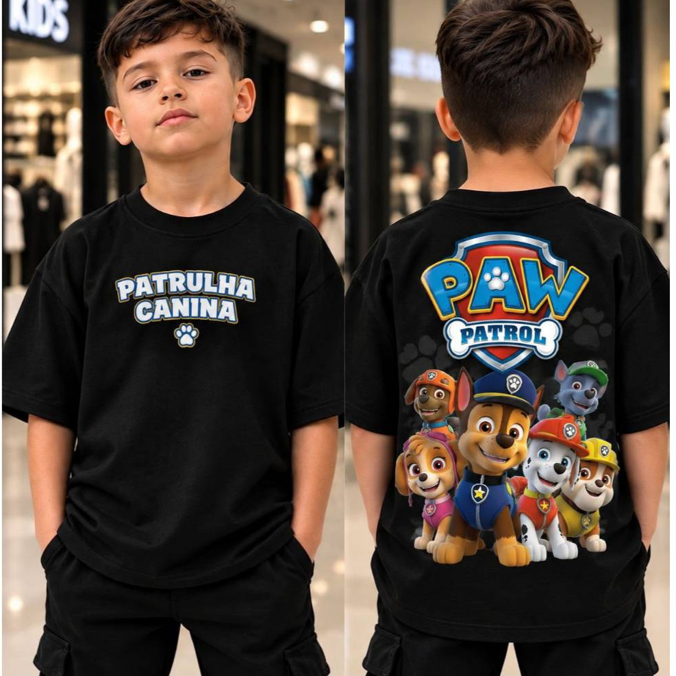 🐾 Camiseta Infantil Patrulha Canina Menino | Camisa Preta Estampada Estilo Oversized