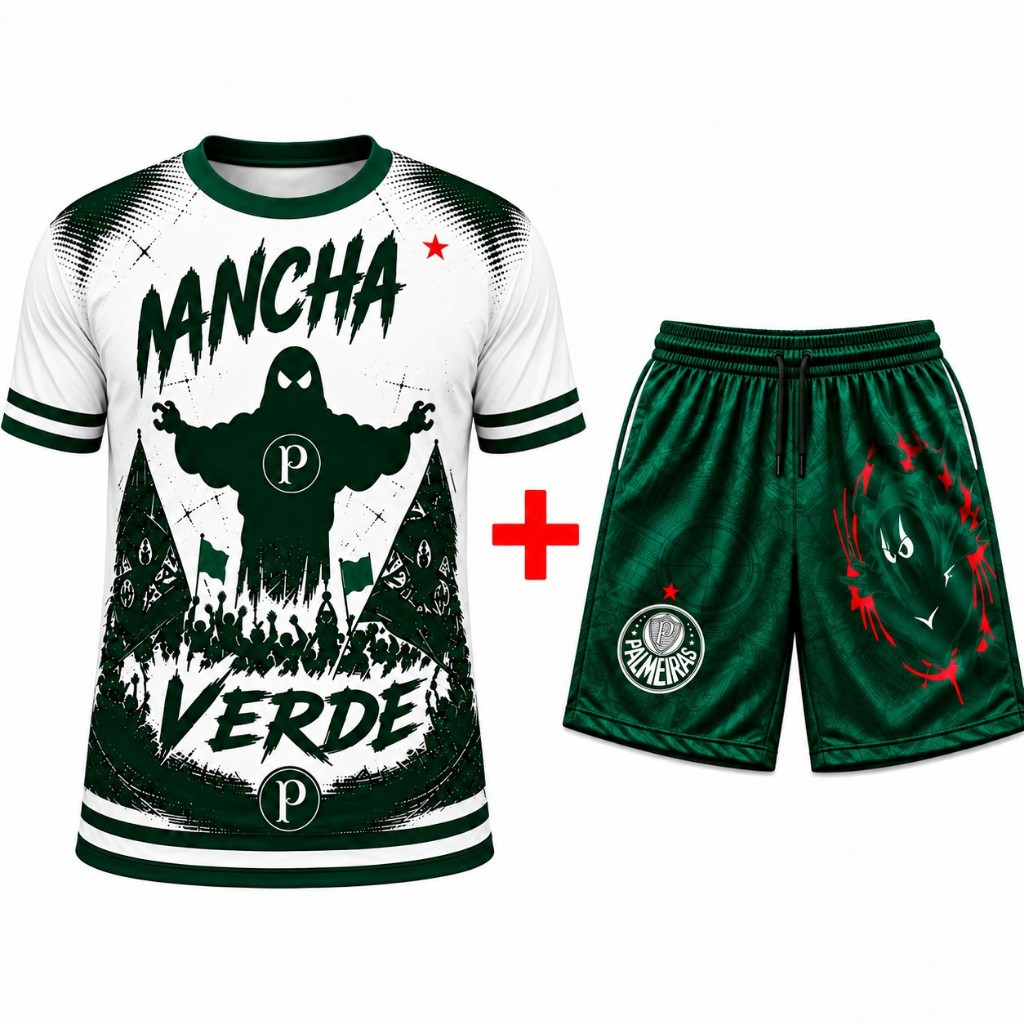 Kit Camisa + Shorts Torcida Mancha Verde Porco Futebol Premium Masculino