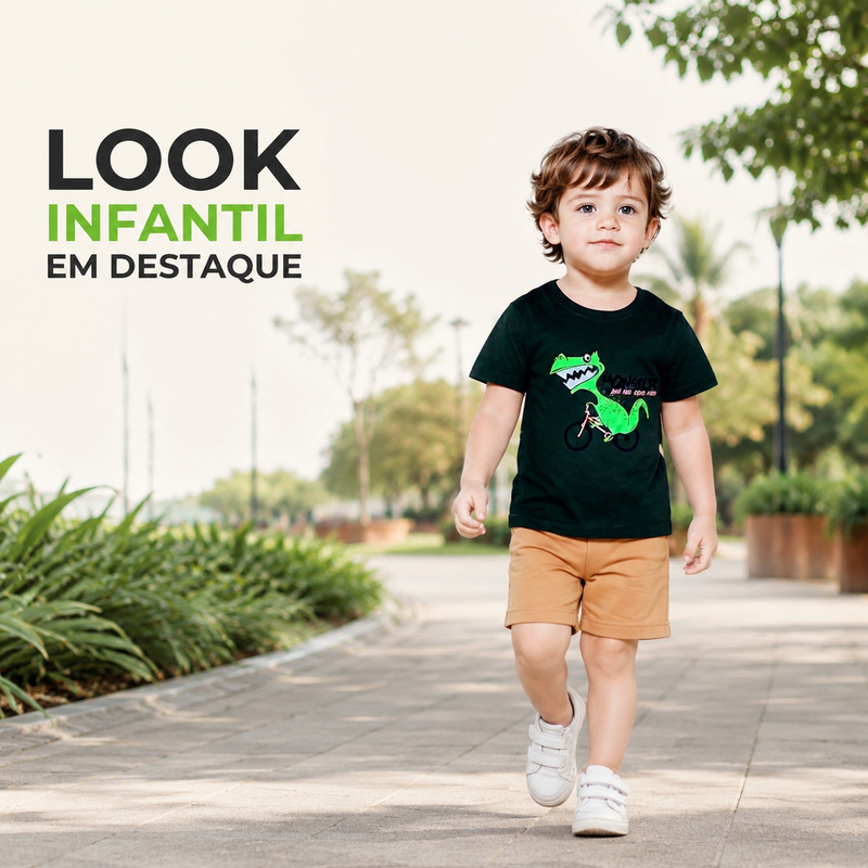 Camiseta Menino Infantil Manga Curta Estampa Dinossauro Confortável Casual Dia a Dia