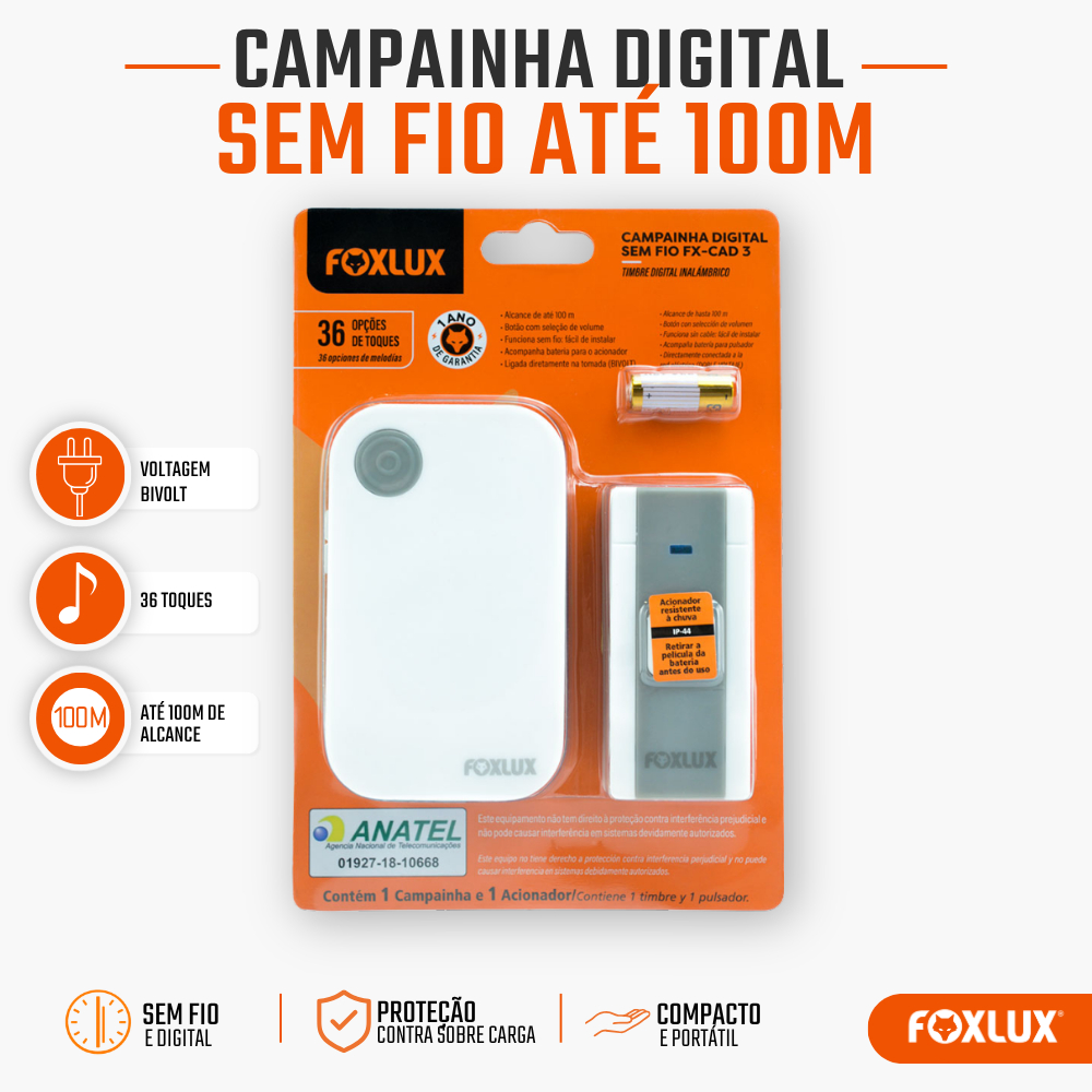 Campainha Sem Fio Foxlux 36 Toques Bivolt Alcance até 100m