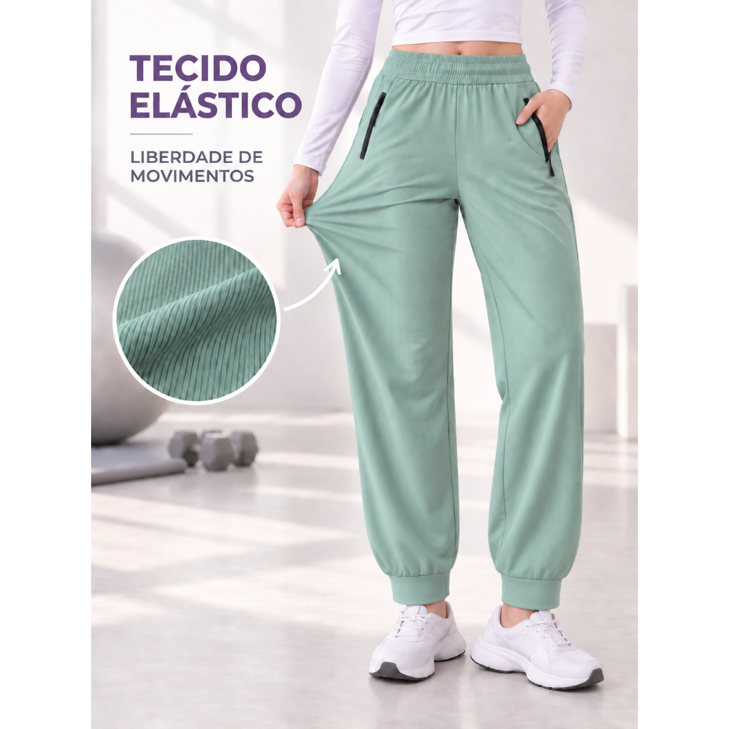 Calça Feminina Jogger Esportiva em Poliamida com Bolsos de Zíper Cintura Alta Academia e Caminhada
