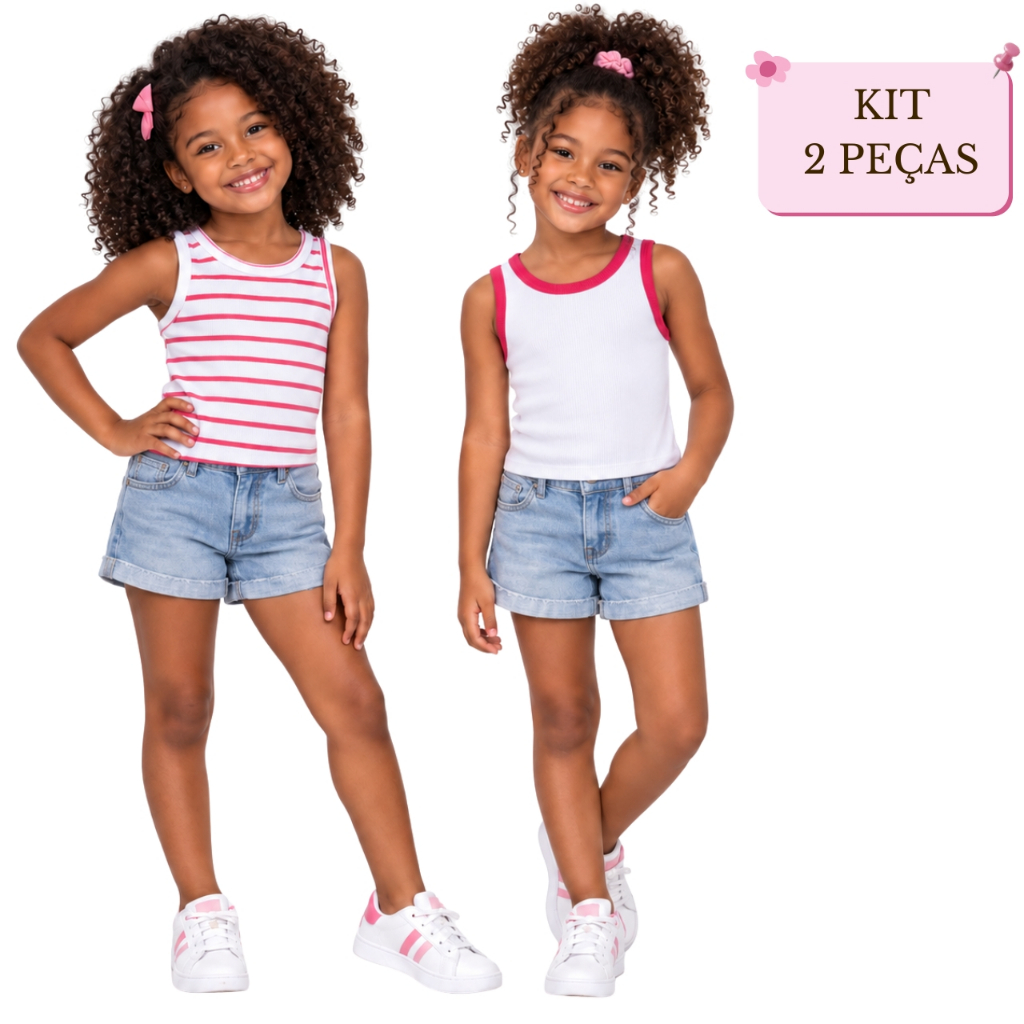 Kit 2 Peças Regata Cropped Infantil Menina Blusa Feminina Canelada Lisa Listrada Verão