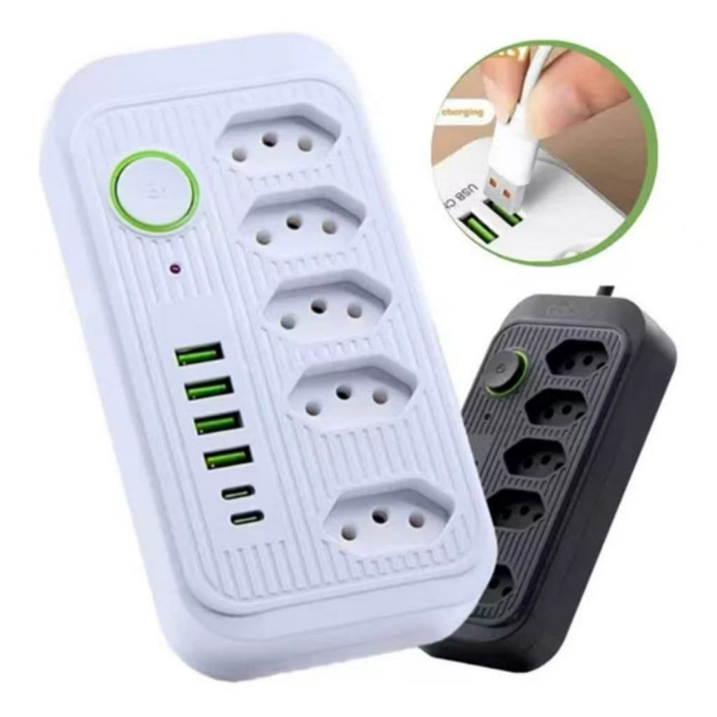 Extensão Elétrica 2 METROS com 5 Tomadas 4 Entradas USB 2 Entrada USB-C Multiplug Bivolt Cabo Reforçado Carregador Rápid