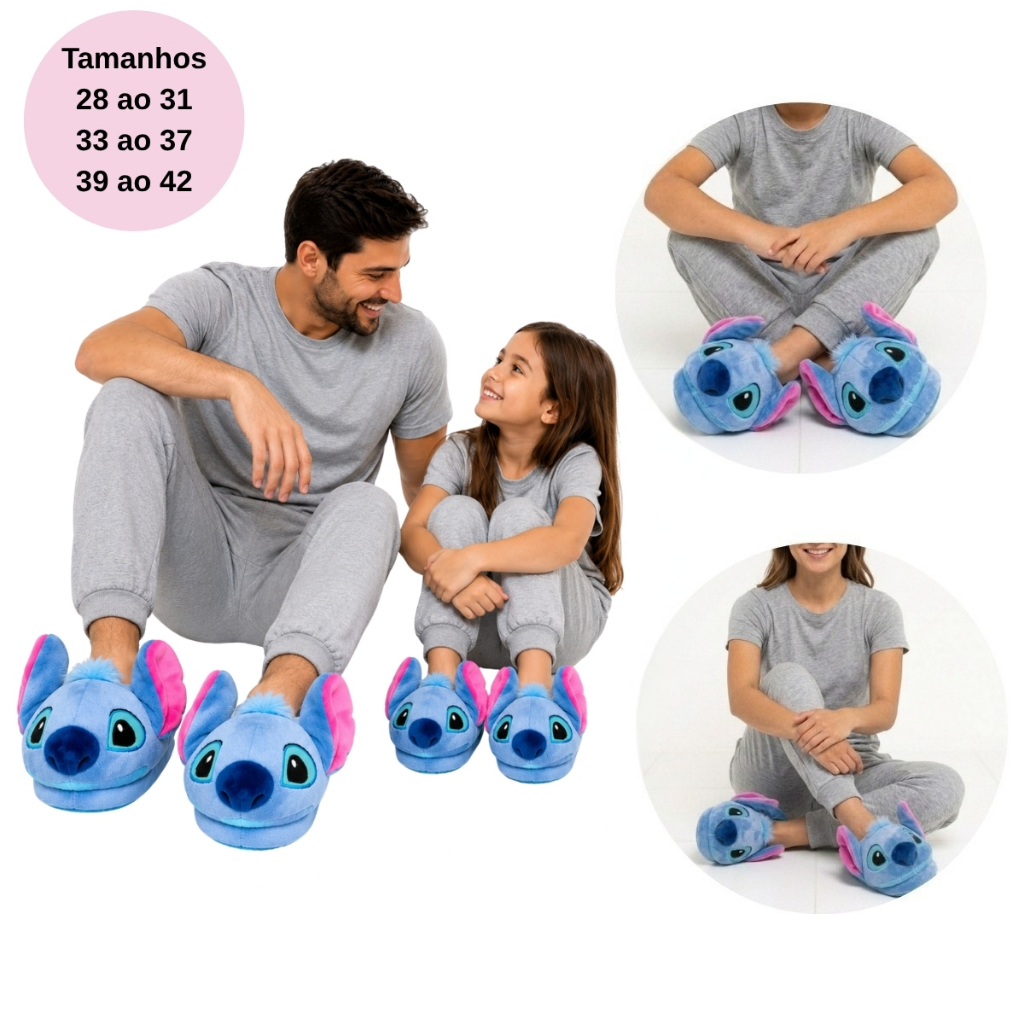 Pantufa Stitch Fofa Macia Quentinha Confortavel Infantil Adulto Sola Antiderrapante