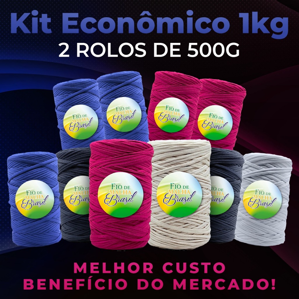 [CAMPEÃO DE VENDAS] Kit 2 Rolos de 500g Fio de Malha Brasil - Cores Básicas - Preto, Azul Marinho, Off White, Branco