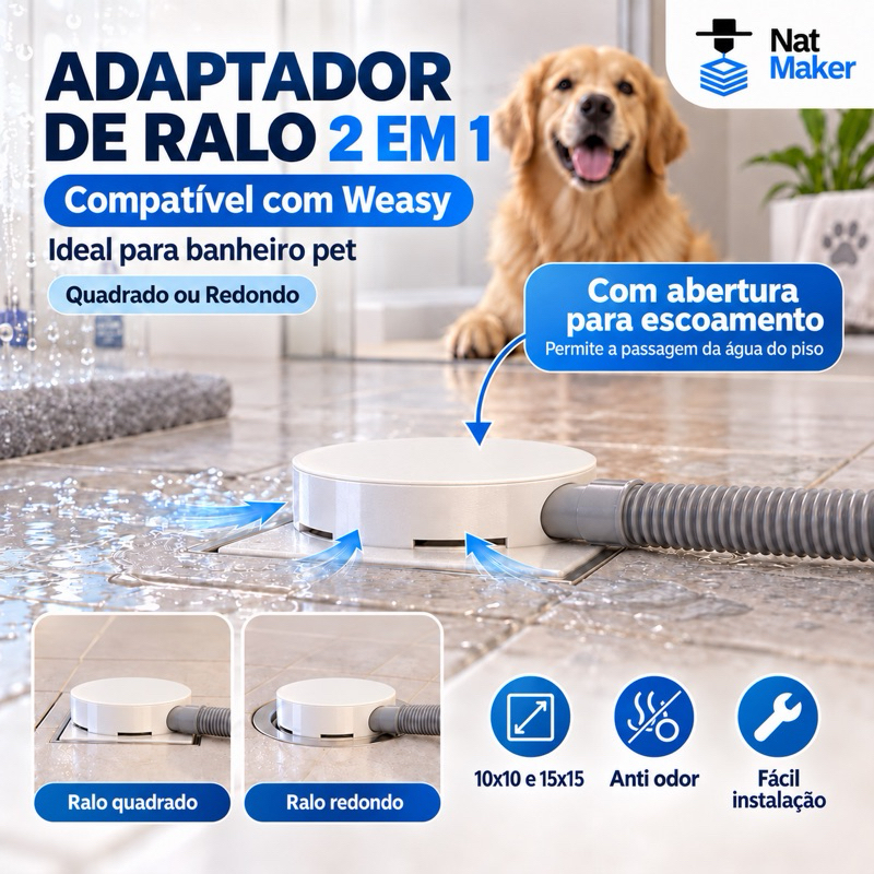 Adaptador Ralo 2 em 1 Weasy Banheiro Pet Anti Odor Ajustável Quadrado ou Redondo com abertura 10x10 15x15