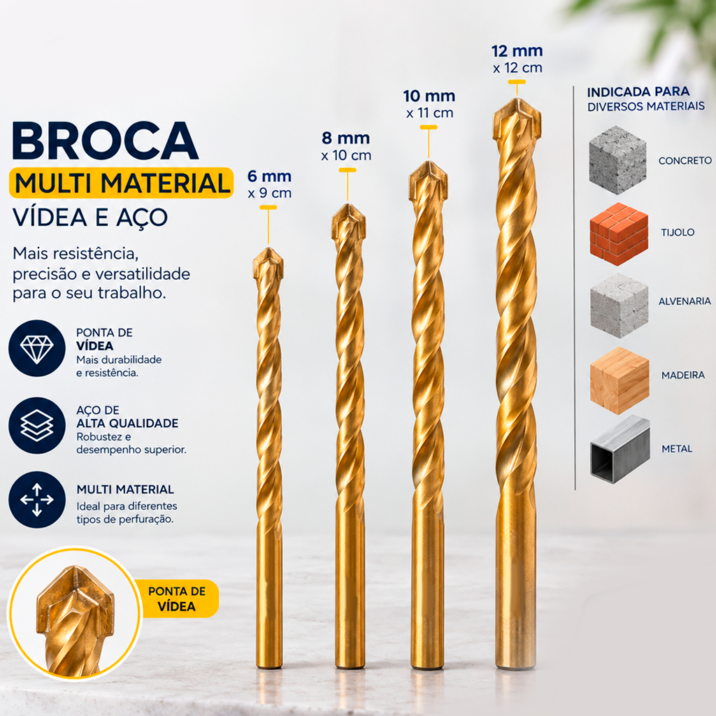 Broca Multi Material ZBM Videa e Aço 6mm 8mm 10mm 12mm Vários Tamanhos A Escolha Resistente