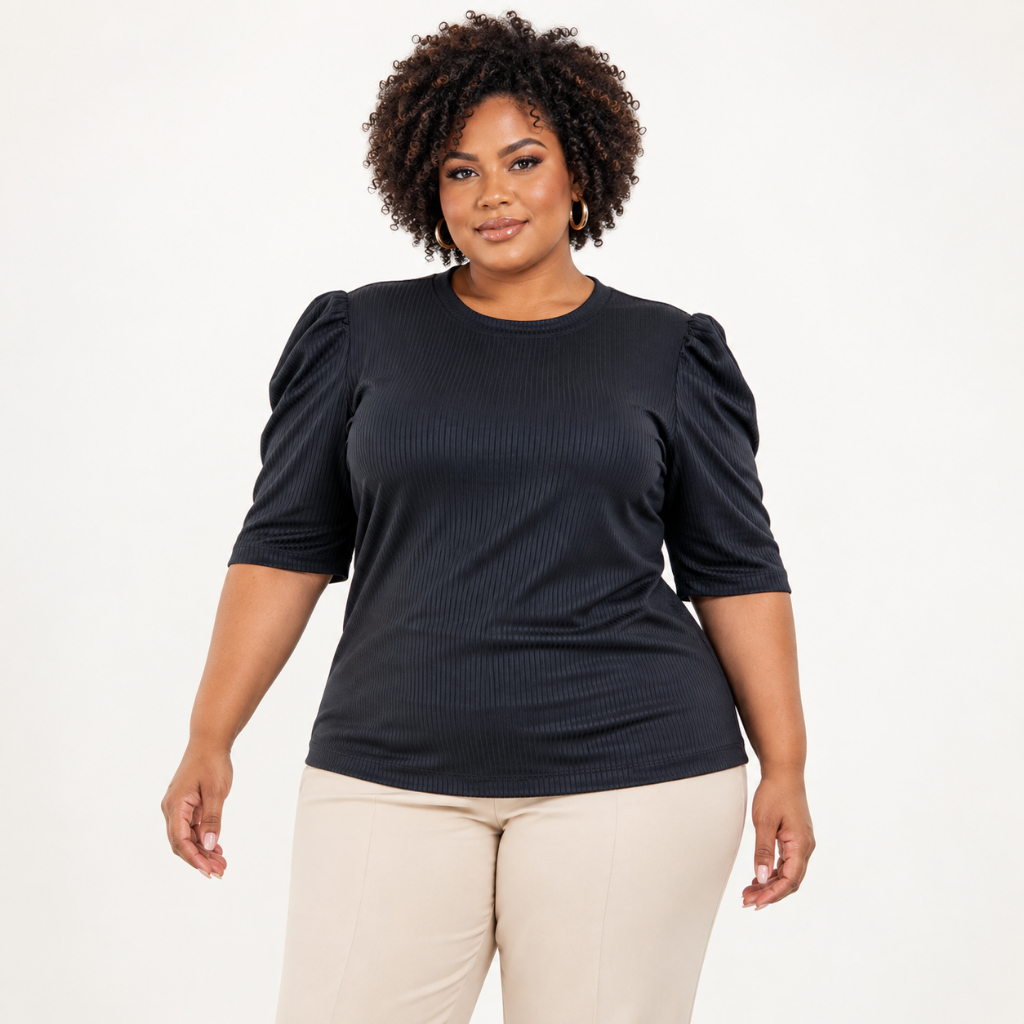 Blusa Feminina Plus Size Canelada Manga Bufante 3/4 Gola Redonda 46 ao 54 Elegante Casual