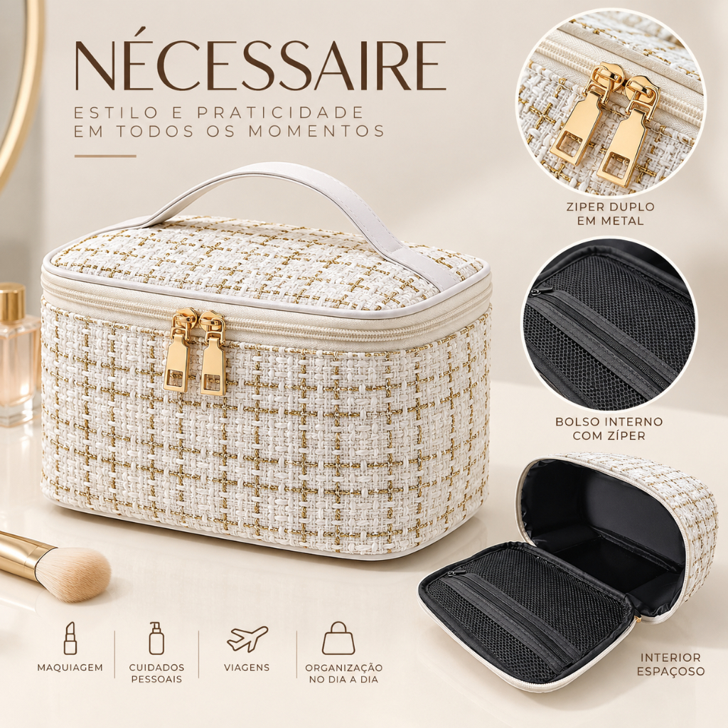 Bolsa Necessaire Tweed Feminina para Maquiagem com Zíper Para Viagem Mochila Alça — imagem 2 de 2