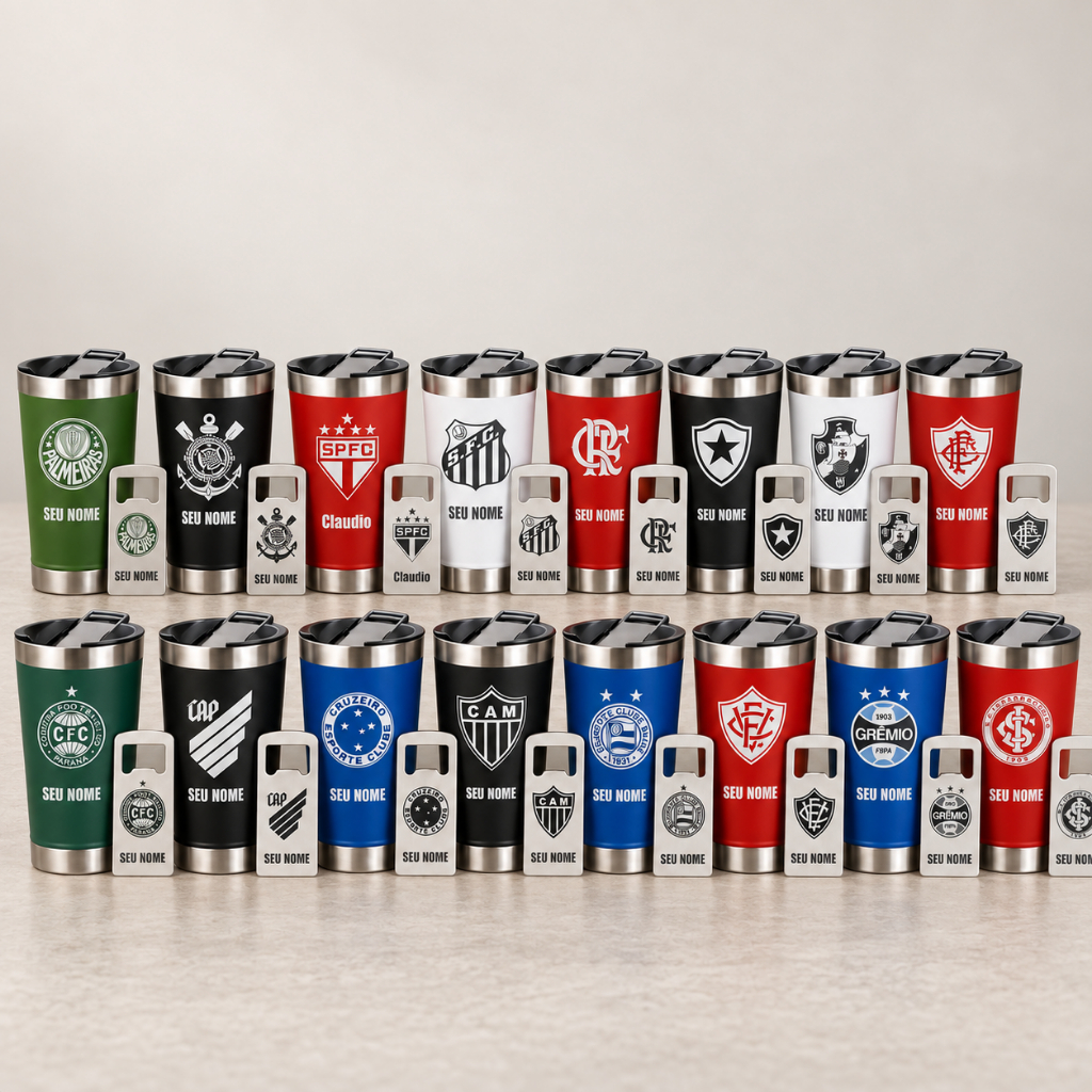 Copo Termico Personalizado Inox Seu Time e Nome c/ Tampa e Abridor Térmico Cerveja Churrasco Time Torcedor