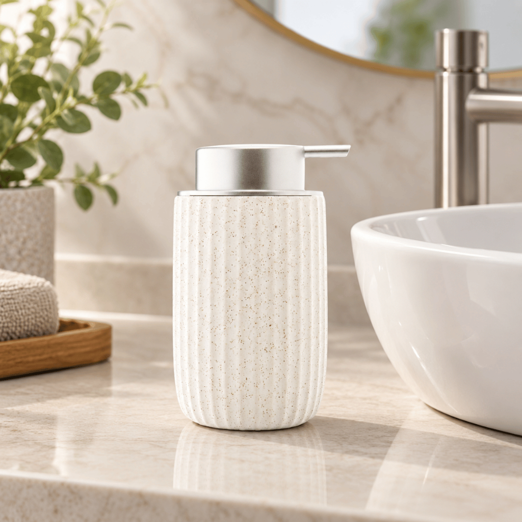 Porta Sabonete Líquido Cerâmica 300ml Dispenser Saboneteira Banheiro Lavabo Canelado Branco Kit com 2 e 3 Decoração Lyor
