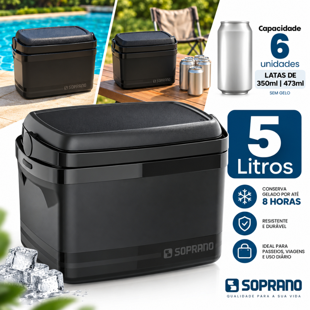 Caixa Térmica 5 Litros Portátil com Alça Para Praia Camping Viagem Lancheira Bebidas Sorvete Alimentos Cooler 5L Preto