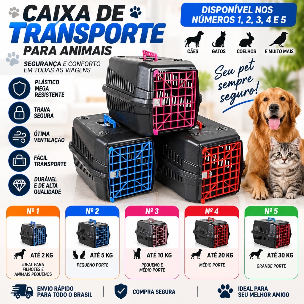 Caixa de Transporte Pet No1 N°2 N°3 e N°4 Pequeno Médio e Grande Porte Resistente com Ventilação