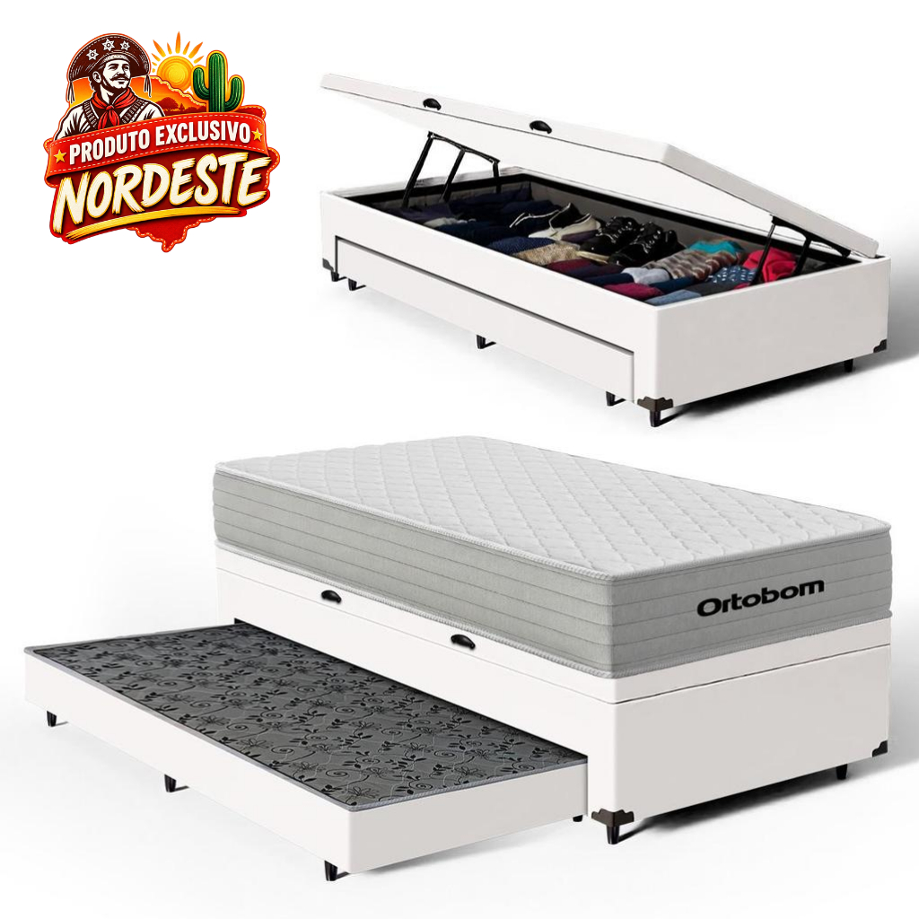 Cama Box Baú com Colchão de Molas Ensacadas Ortobom One Face Plenno Superpocket + Auxiliar de Espuma Solteiro 88cm