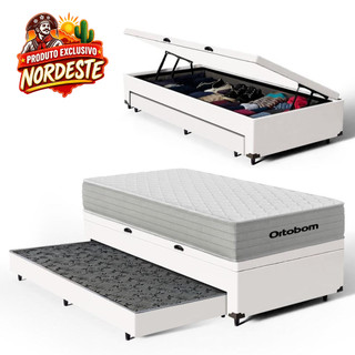 Cama Box Baú com Colchão de Molas Ensacadas Ortobom One Face Plenno Superpocket + Auxiliar de Espuma Solteiro 88cm