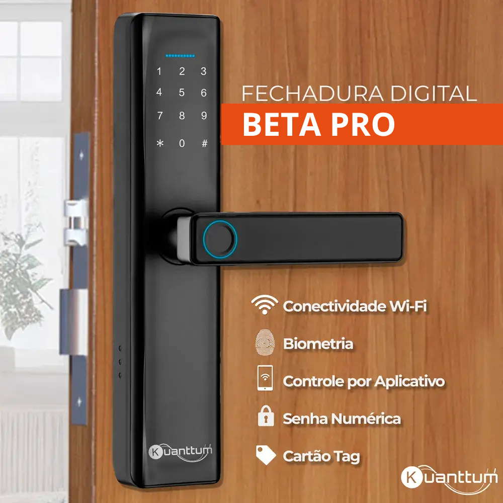Fechadura Digital Kuanttum Beta Pro Wi-Fi Embutir Biometria Senha Tag App Tuya Google e Alexa