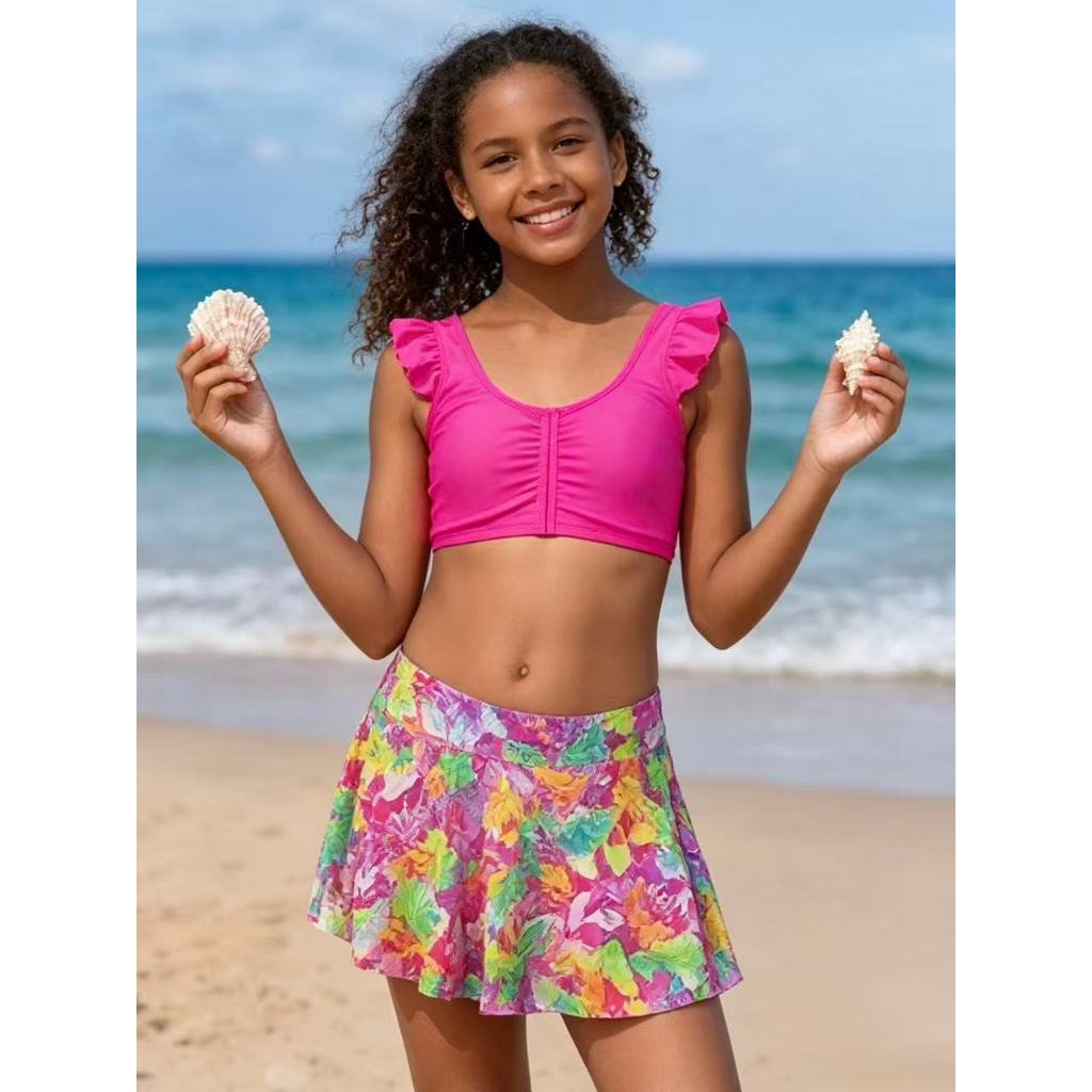 Conjunto Tríquini Biquíni Saia juvenil 3 Peças Feminino Saída Praia Praia Luxo Estampada promoção