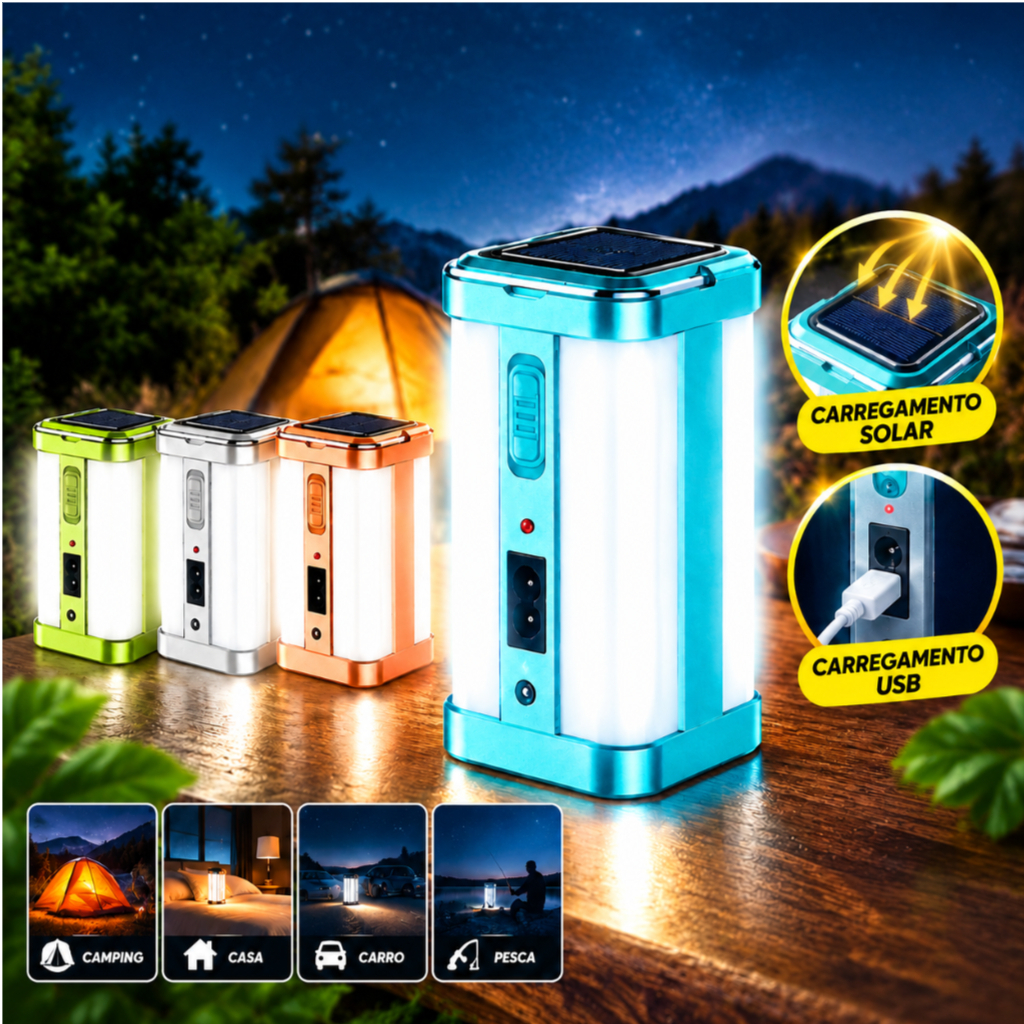 Lanterna LED Solar Recarregável Portátil Luz de Emergência Para Camping Pesca E Uso Doméstico