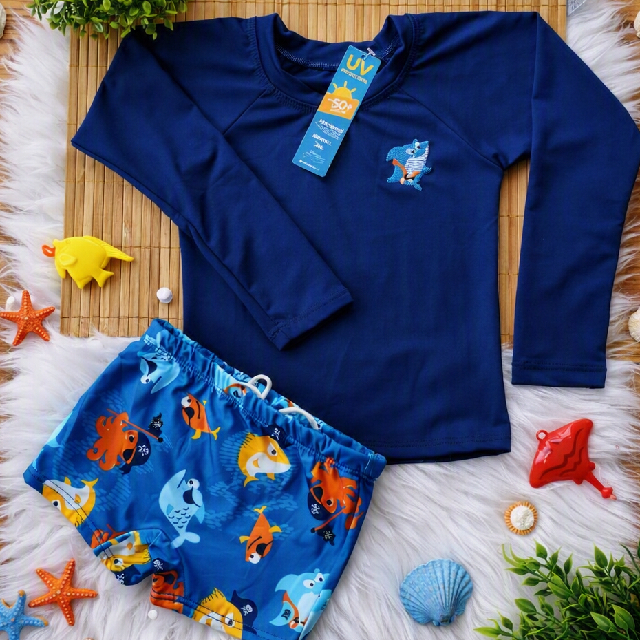 Conjunto Praia infantil menino Sunga Boxer mais blusa proteção uv 50+