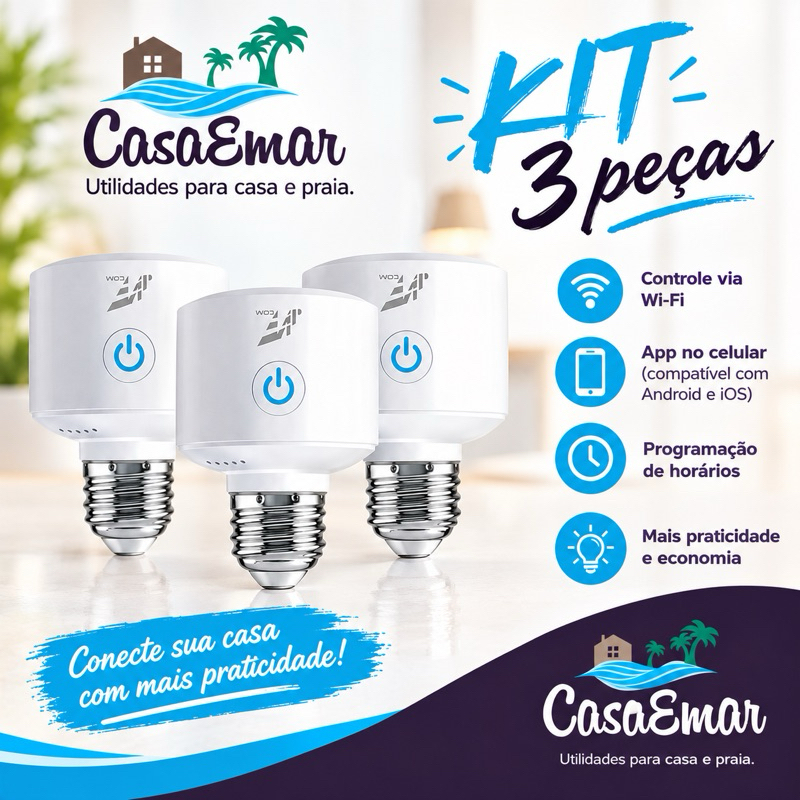 KIT 2/3 Soquete Lâmpada Inteligente Bocal E-27 Rosca Wifi Automação Bivolt Alexa Google