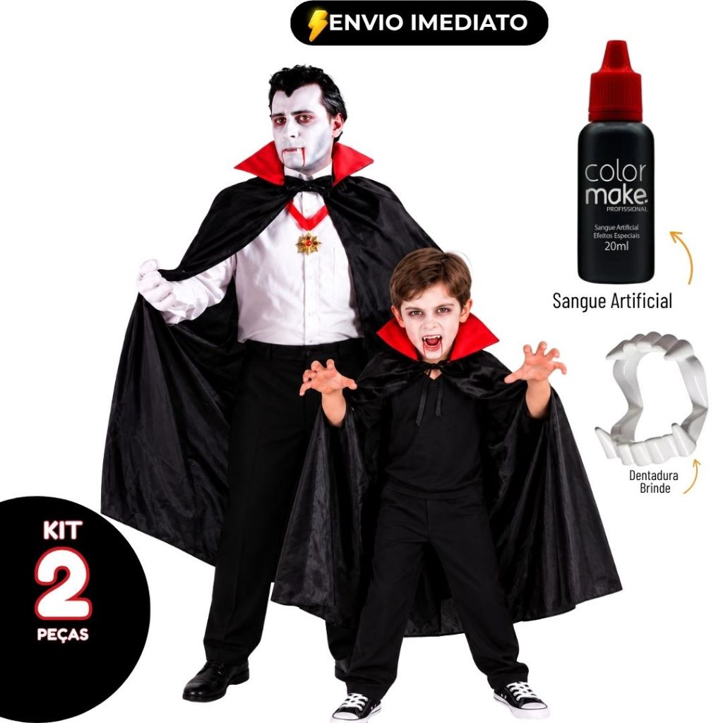 Kit Fantasia Vampiro Adulto Infantil Capa Vampiro Sangue Artificial Dentadura Halloween