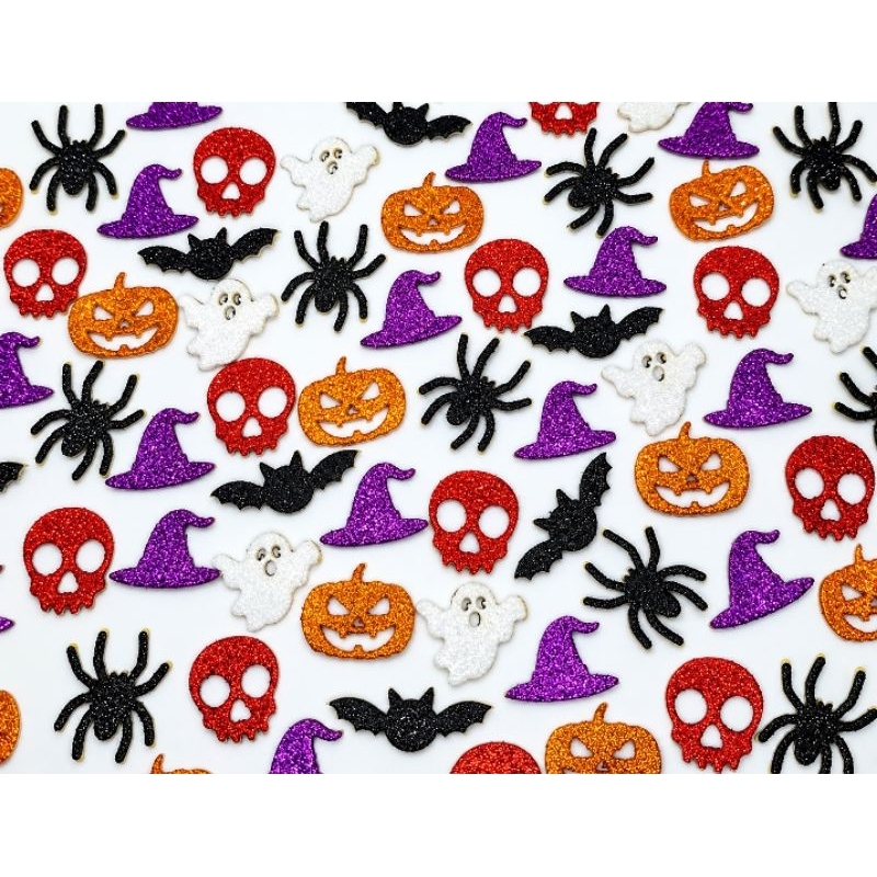 kit 100 I 50 Adesivos Pet Halloween EVA Aplique Laços Pet Abobora Aranha Bruxa