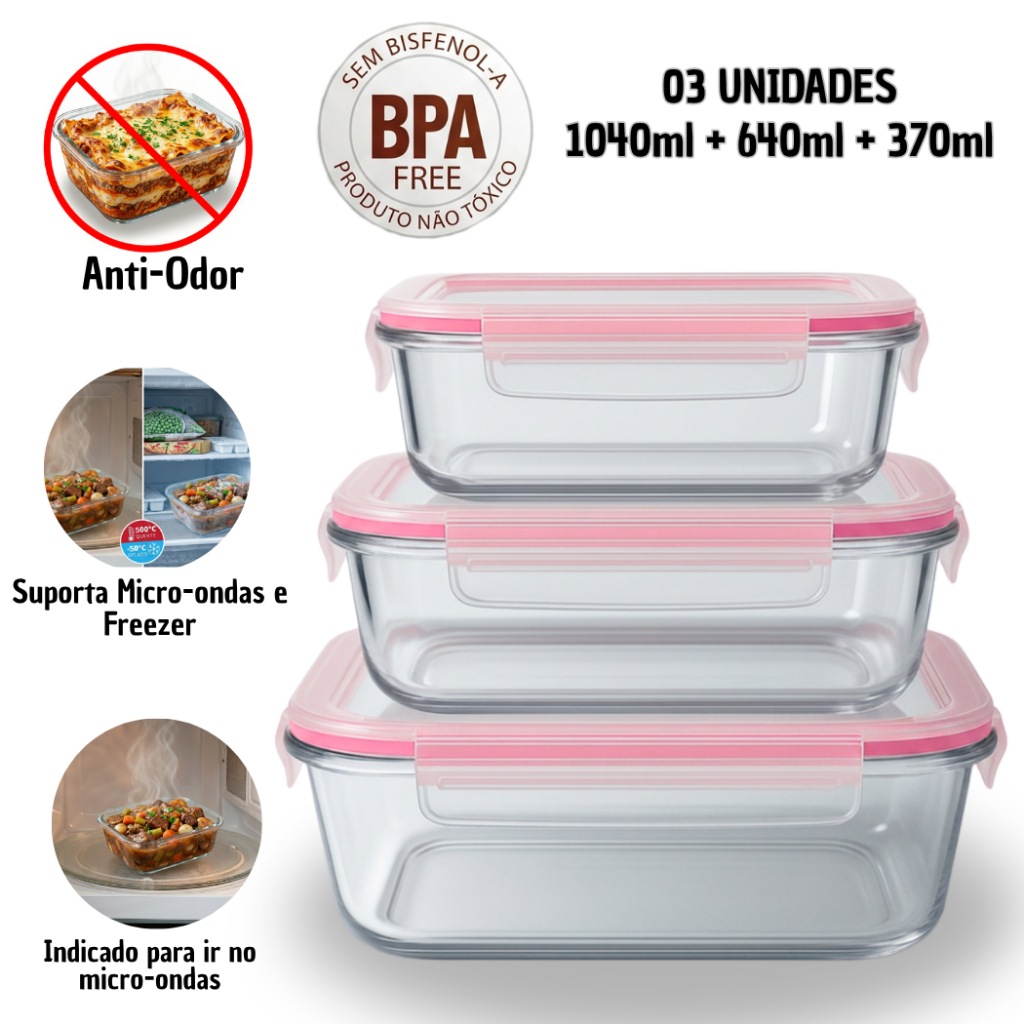 Jogo 3 Potes de Vidro com Tampa Marmita, Freezer e Micro-ondas potes herméticos porta mantimentos vidro comida saudável