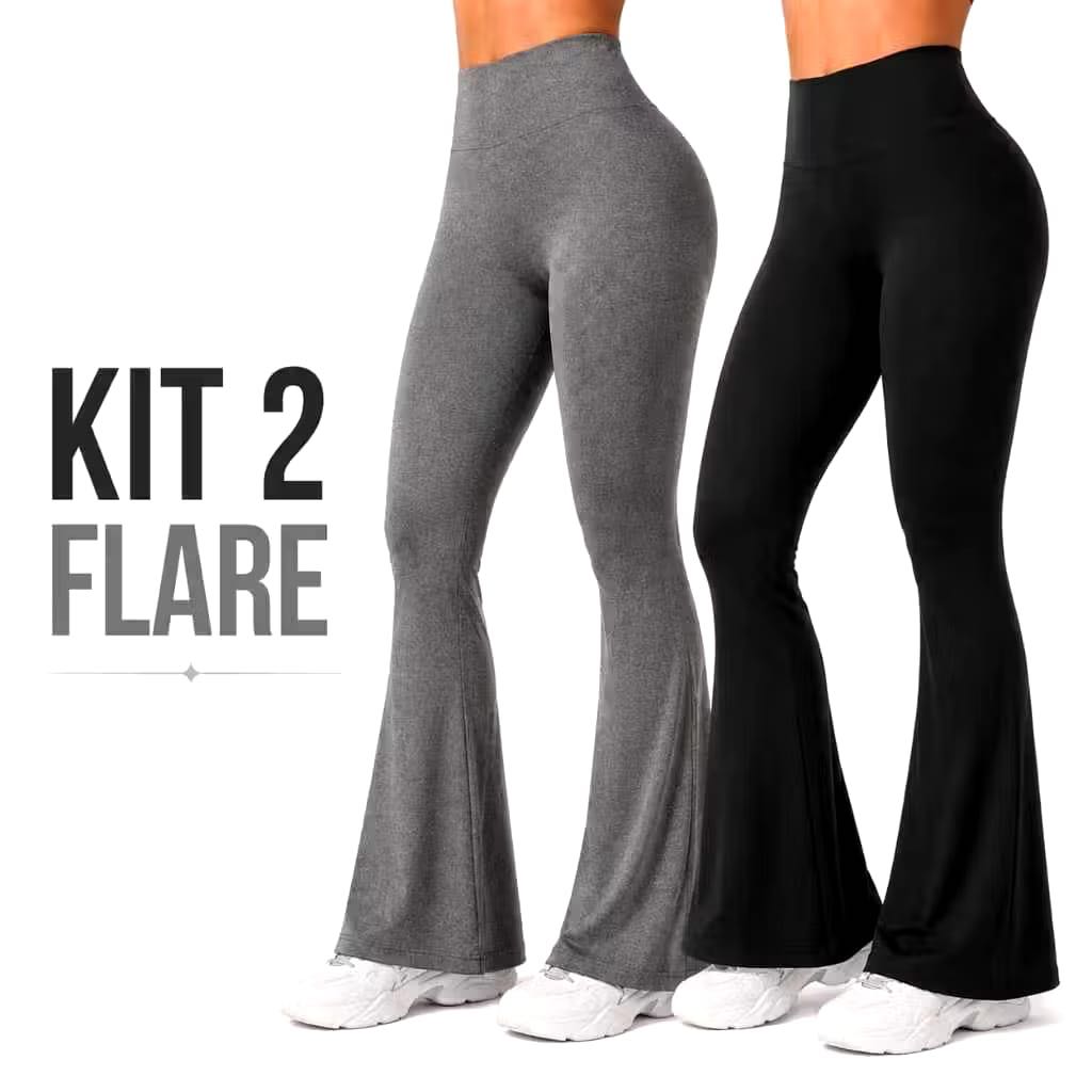 KIT 2 Calças Legging Flare Bailarina Boca de Sino Grossa Fitness Academia Zero Transparência