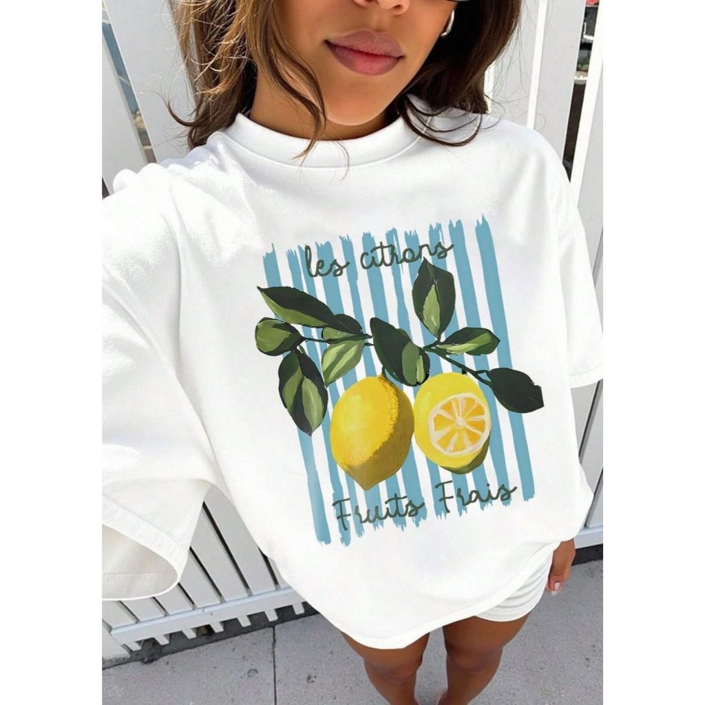 Camiseta Feminina Estampada com: Les Citrus - Moderna Estampada 100% Algodão Manga Curta Gola Redonda Tecido Confortável