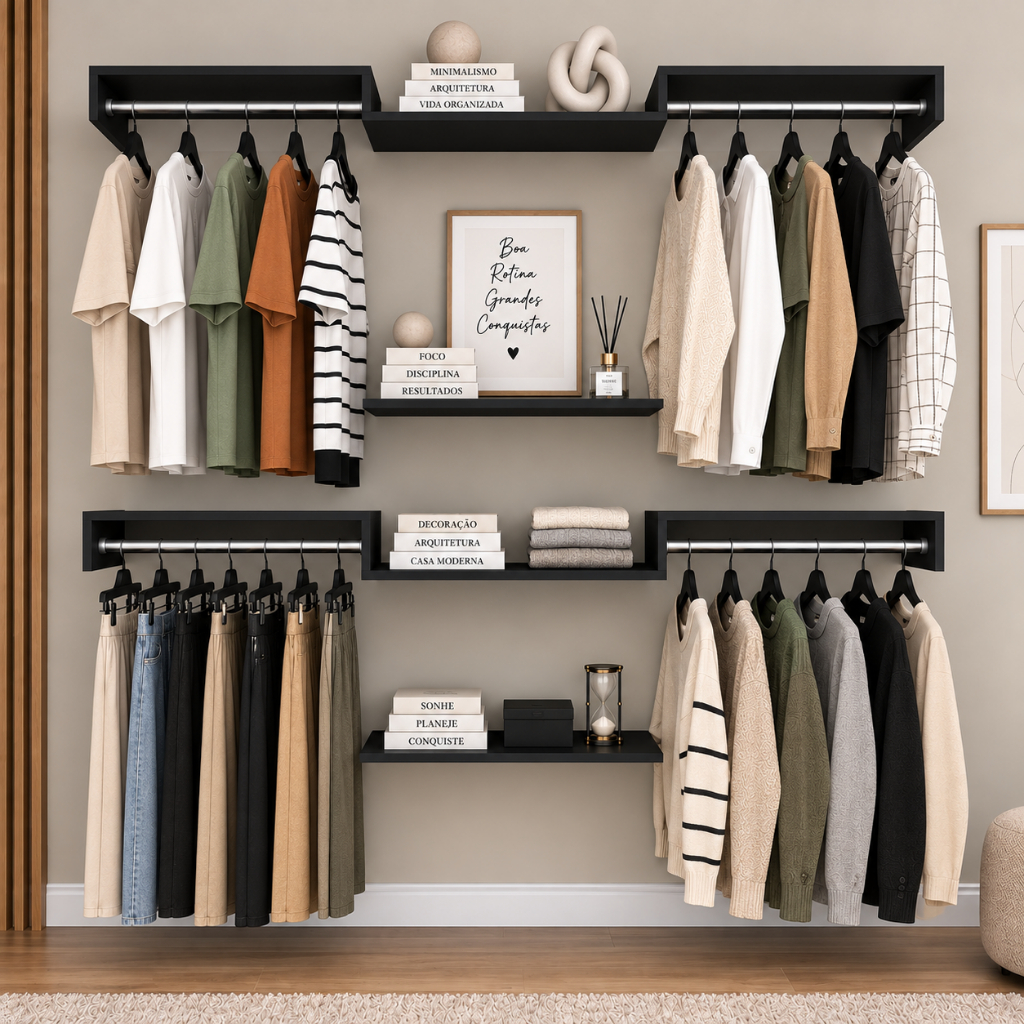 Kit Closet Aberto Suspenso C/ Cabideiros e Prateleiras 60cm - Modulável Organizador Roupeiro-106