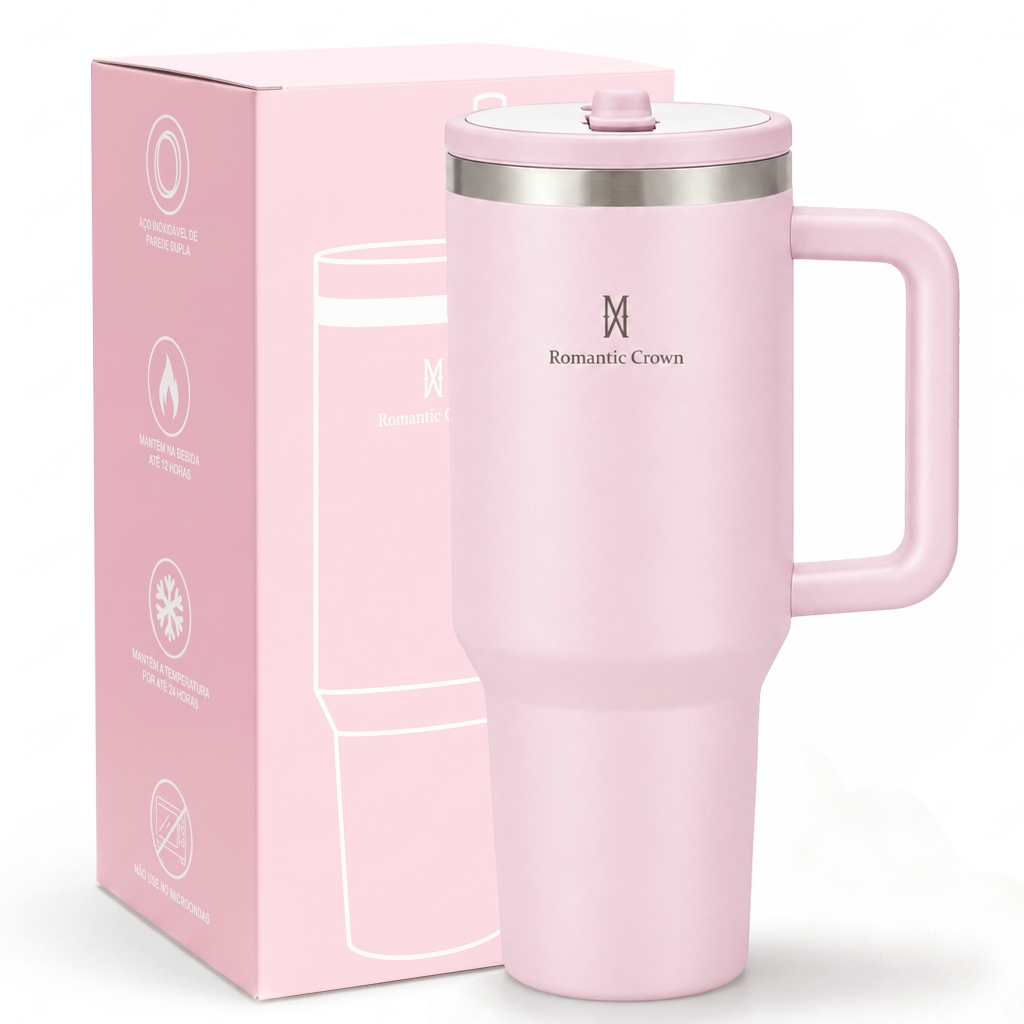 Imagem ROMANTIC CROWN Copo Térmico Inox 1200ml com Bico Flip e Alça Garrafa Térmica para Viagem e Carro