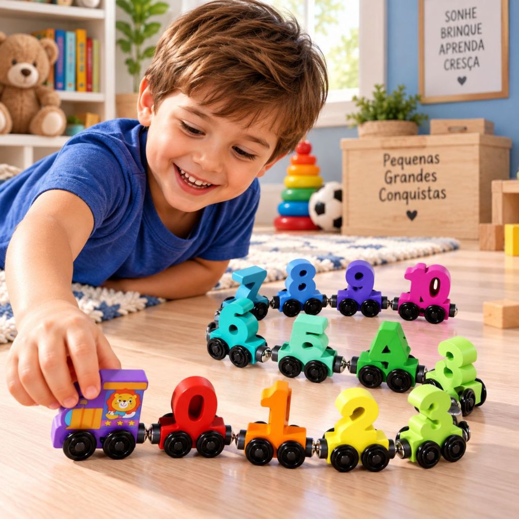 Trem Magnetico de Madeira com Blocos Numéricos Coloridos Brinquedo Pedagógico para Crianças