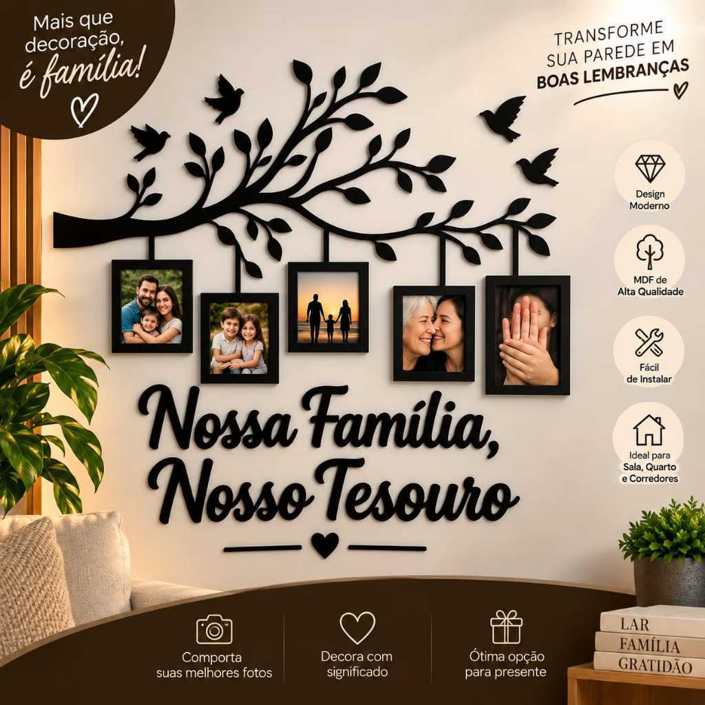 Painel Decorativo Nossa Família Nosso Tesouro em MDF – Moldura de Fotos 10x15