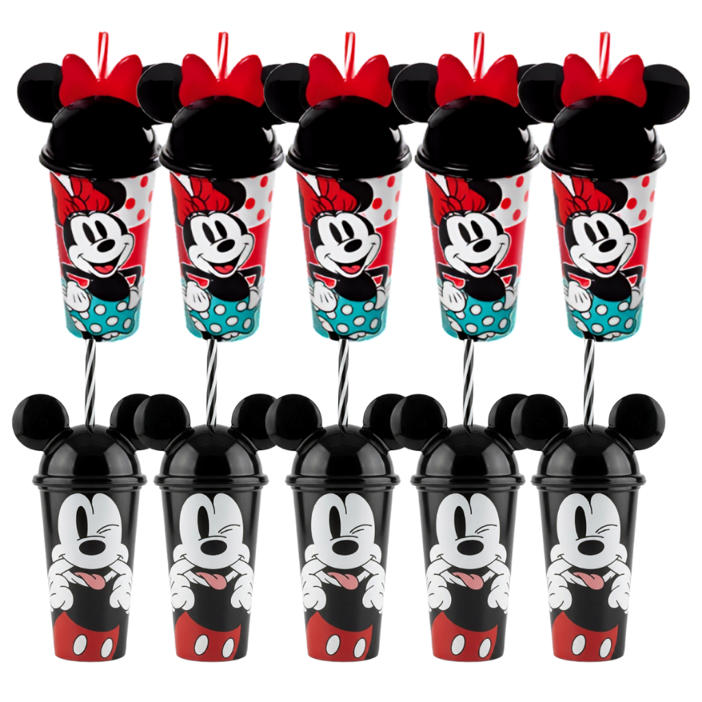 Kit Festa Lembrancinha Copo Canudo Orelinha Minnie e Mickey 500 mL Plasútil Estampas Variadas