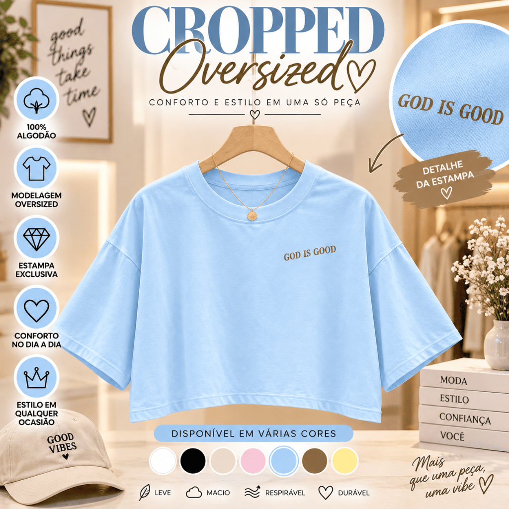Cropped Feminino Oversized God Is Good 100% Algodão Estampa Fé Cristã Moda Casual Confortável Tendência Manga Curta