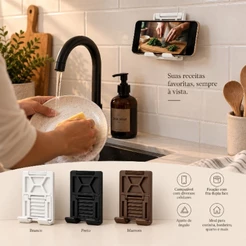 Suporte de Celular Para Banheiro Cozinha Multiuso Com Fita 3M Sem Furos Ajustável Dobrável Universal