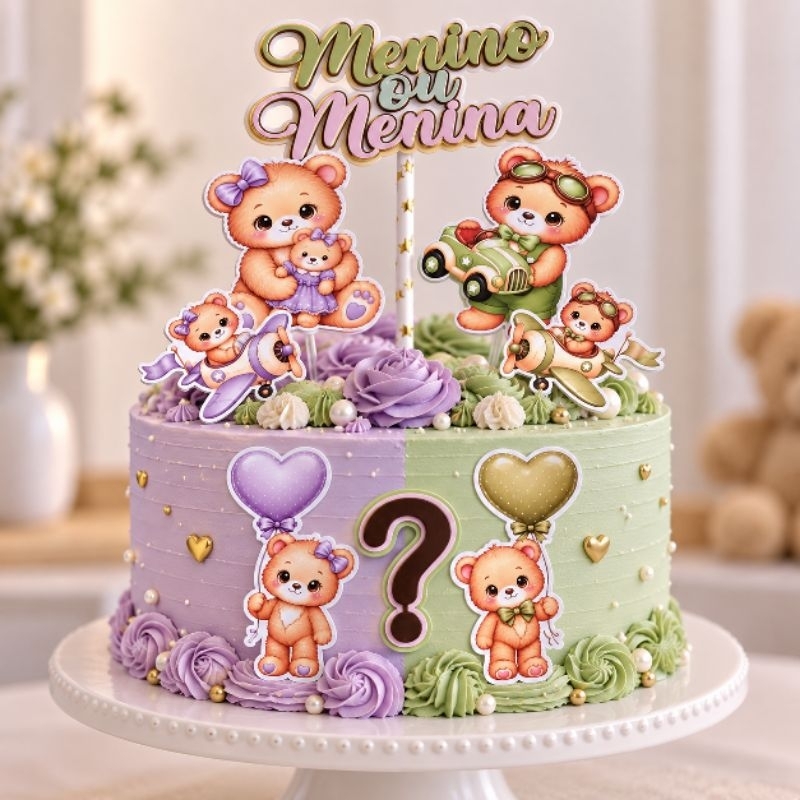Topo de Bolo Chá Revelação Menino Menina Verde Lilás ou Azul e Rosa Ursinhos Baby Decoração Festa Chá Revelação