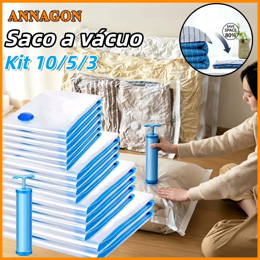 Kit 10/5/3 Saco a Vacuo Organização de Roupas 110x70 Mala Viagem Guarda Roupa Bomba Manual