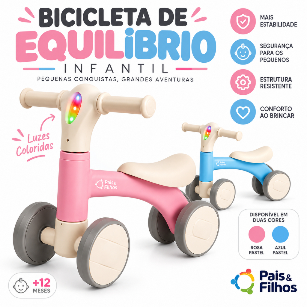 Bicicleta de Equilíbrio Infantil 4 Rodas Luz e Som Sem Pedal Baby Motoca Primeiros Passos Rosa Azul