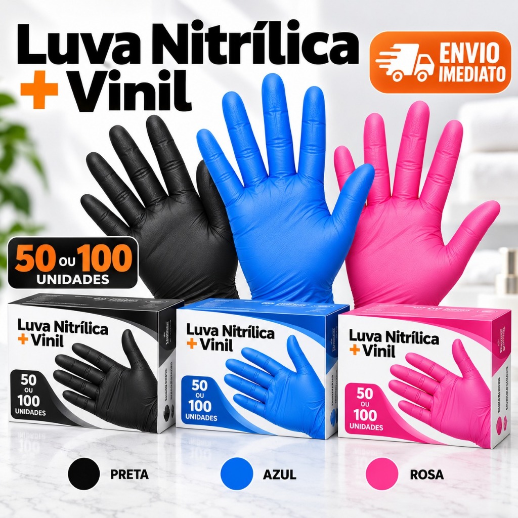 Luva Nitrílica Vinil Preta Azul Rosa Descartável Sem Pó Resistente 100 Unidades