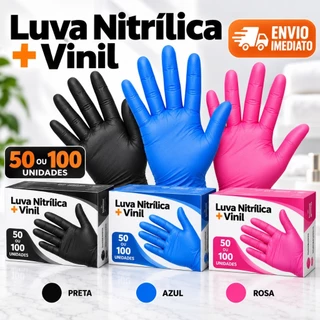 Luva Nitrílica Vinil Preta Azul Rosa Descartável Sem Pó Resistente 100 Unidades