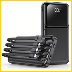 Carregador Portátil Para Celular iPhone Android 10000 mAh com 4 Cabos Integrados Power Bank 22.5W Turbo Rápido