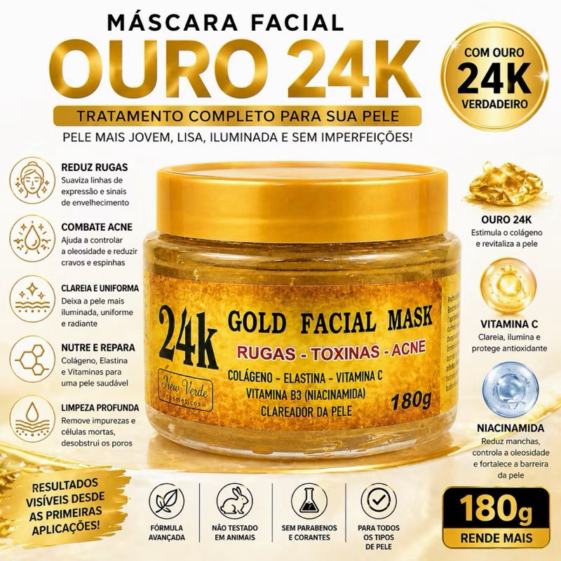 Máscara Facial Ouro 24K 180g Hidratante com Colágeno e Vitamina C Limpeza Facial e Cuidado da Pele