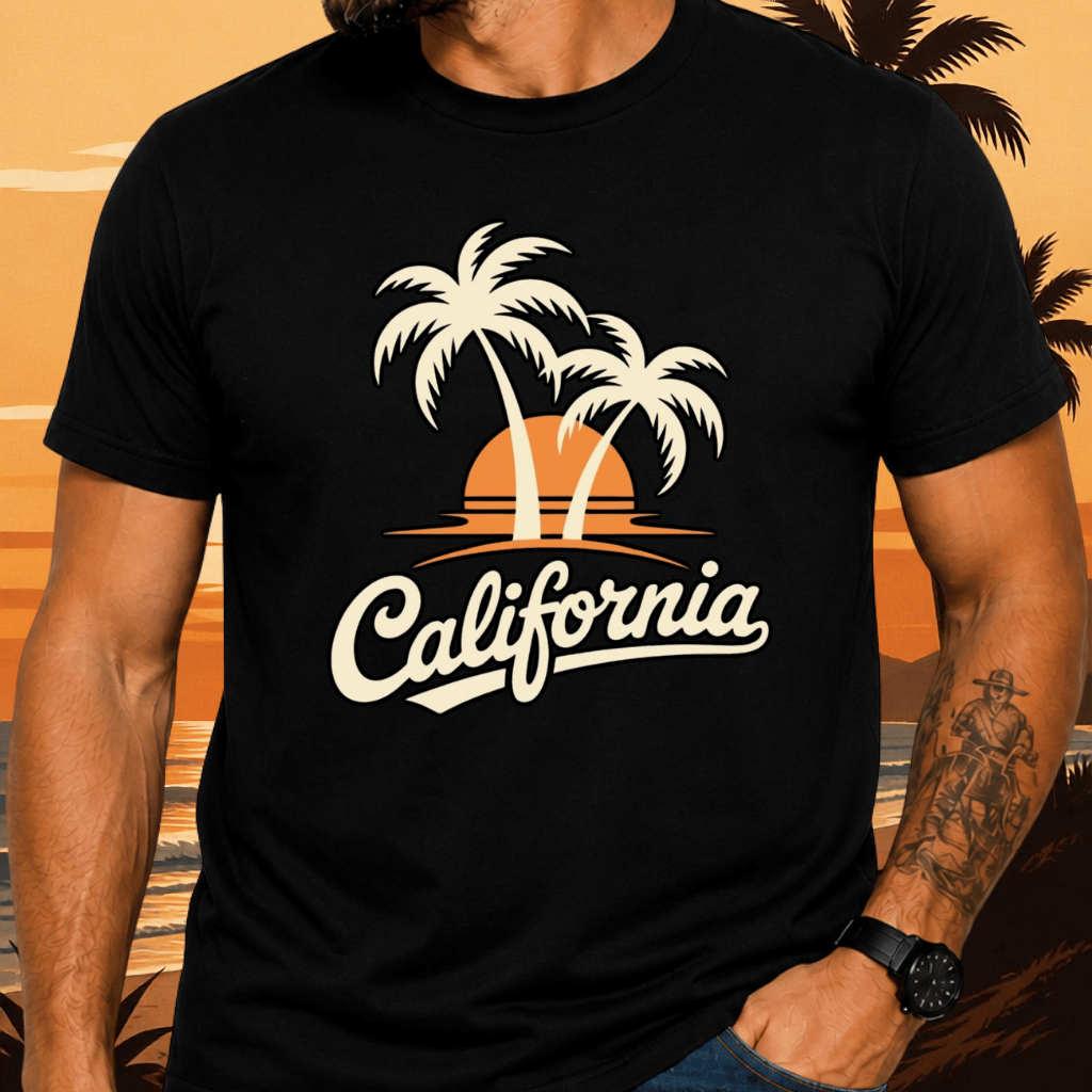 Camiseta Califórnia Masculina Feminina 100% Algodão Fio 30.1 Estampada DTF Praia Sol Férias