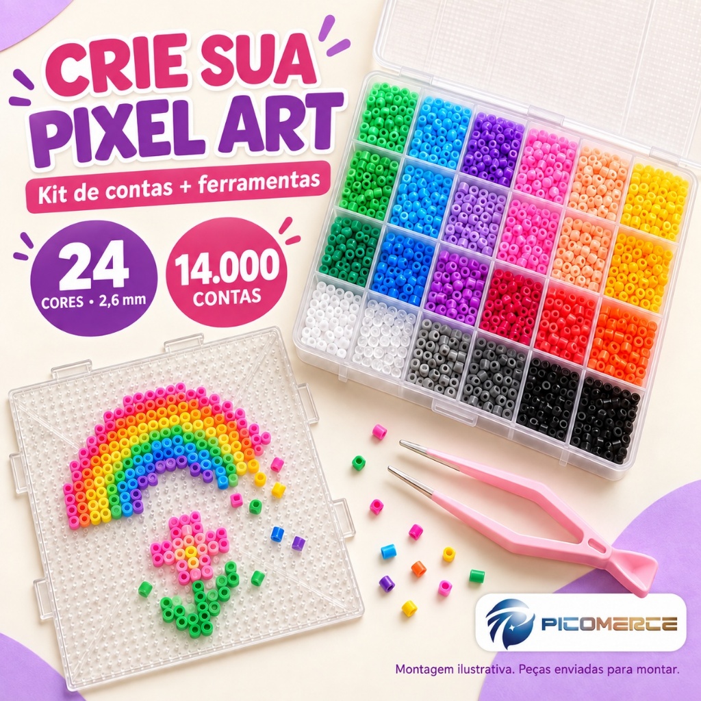 Kit Pixel Art DIY 24 Cores com Ferramentas e 14000 Mini Beads 2,6 mm para Artesanato