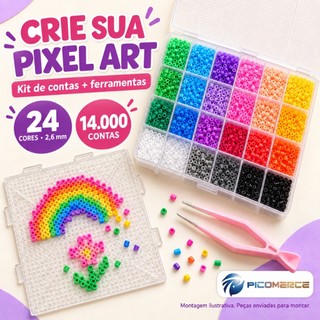Kit Pixel Art DIY 24 Cores com Ferramentas e 14000 Mini Beads 2,6 mm para Artesanato