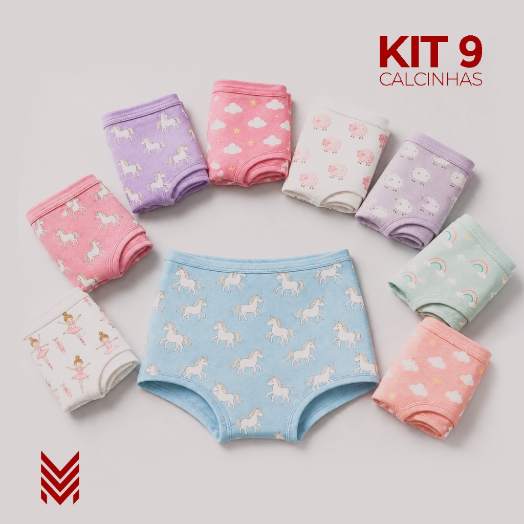 Kit 9 Calcinhas Infantil Feminina Menina Shortinho Boxer Algodão Macia Confortável Estampas Sortidas