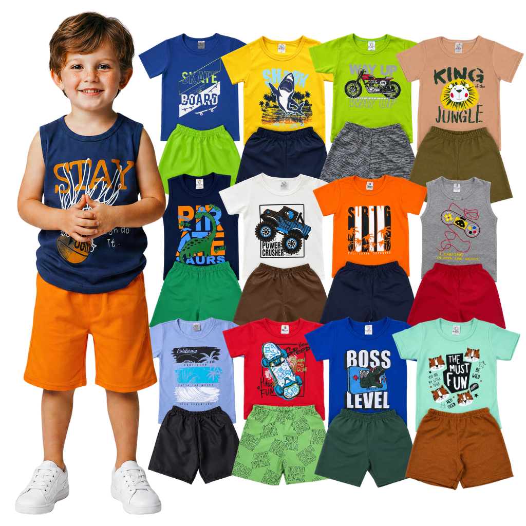 Kit 12 Peças Verão Infantil Menino Roupa Bebê Masculina Sortidas Estampadas 6 Conjuntos